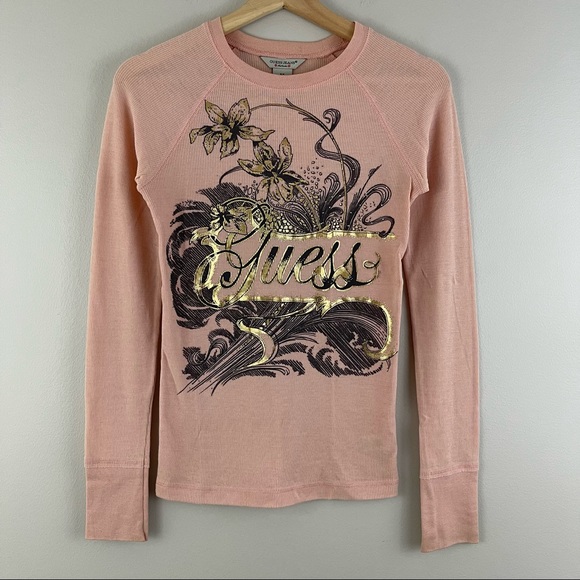 GUESS Vintage Y2K Light Baby Pink Gold Floral Fitted Graphic Long Sleeve Top - Picture 2 of 8